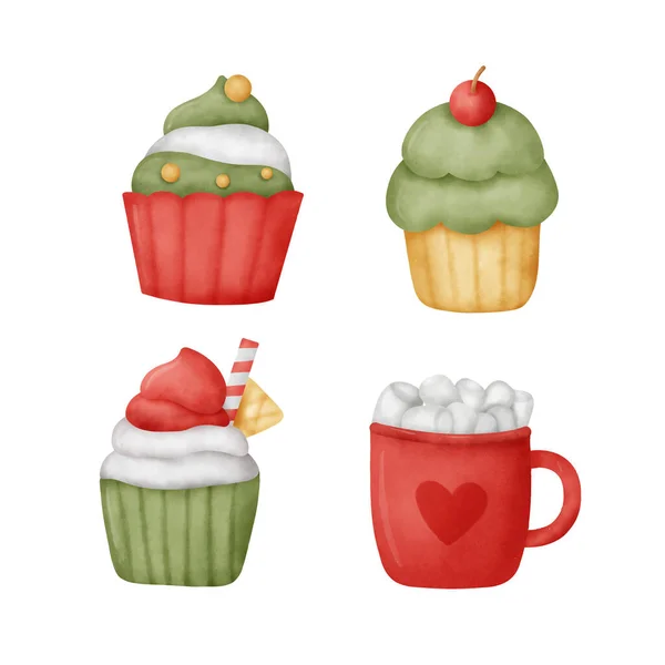 Akvarel Ručně Kreslené Cupcake Set — Stockový vektor