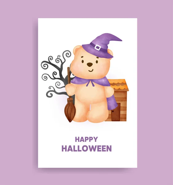 Akwarela Halloween Czarownica Niedźwiedź Karty — Wektor stockowy