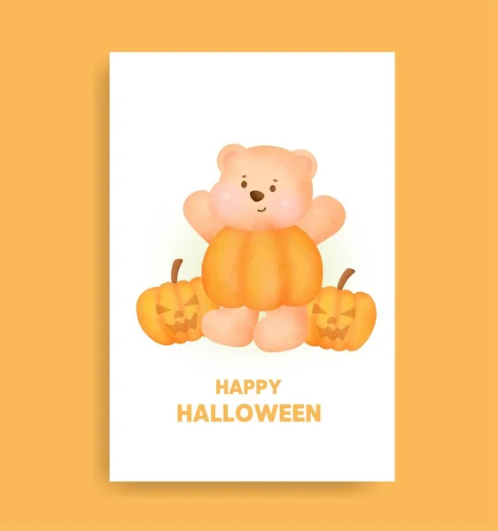 Akwarela Halloween Niedźwiedź Gospodarstwa Karty Dyni — Wektor stockowy