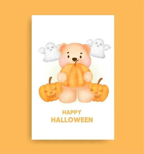 Υδατογραφία Halloween Αρκούδα Εκμετάλλευση Κάρτα Κολοκύθας — Διανυσματικό Αρχείο