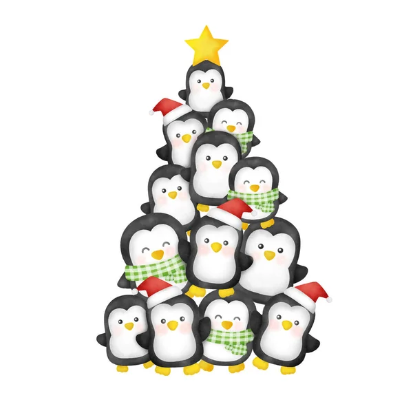 Υδατογραφία Χριστούγεννα Χαριτωμένο Πιγκουίνους — Διανυσματικό Αρχείο