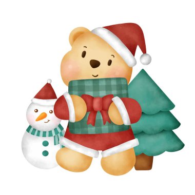 Tatlı ayıcıklı suluboya Noel kartı.