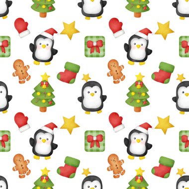 Tatlı penguenlerin dikişsiz desenleriyle suluboya Noel günü.