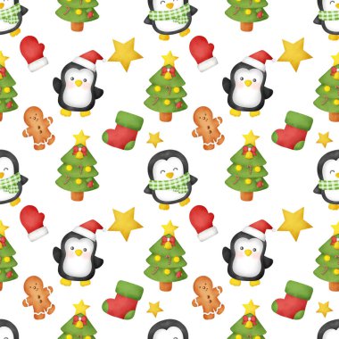 Tatlı penguenlerin dikişsiz desenleriyle suluboya Noel günü.