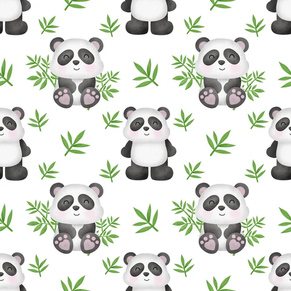 Akvarel Panda Bambusovým Bezešvým Vzorem — Stock fotografie