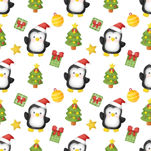 Acquerello Giorno Natale Con Simpatici Pinguini Modelli Senza Soluzione Continuità — Foto Stock