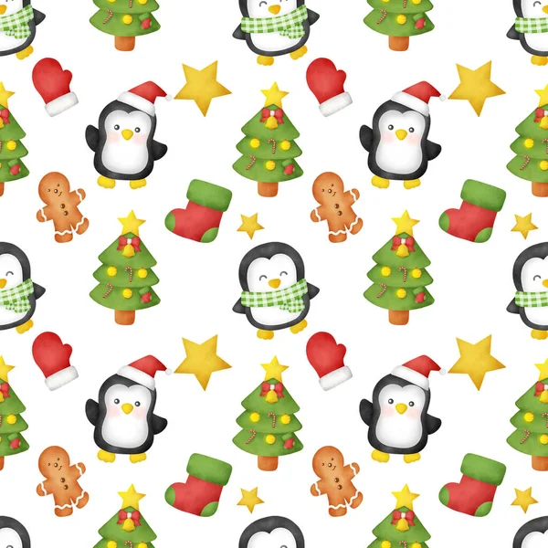 Dia Natal Aquarela Com Bonito Pinguins Sem Costura Padrões — Fotografia de Stock
