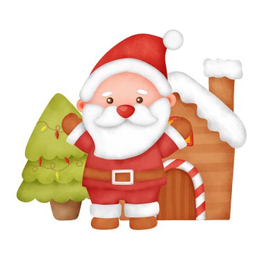 El çizimi suluboya noel kartı ile şirin Noel Baba Maddesi.