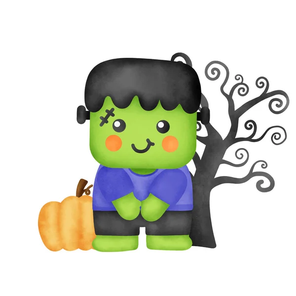 Akwarela Cute Frankenstein Karcie Halloween — Wektor stockowy