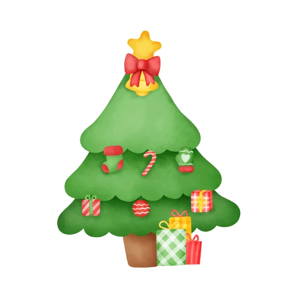 Χέρι Ζωγραφισμένο Ακουαρέλα Χριστουγεννιάτικο Δέντρο Για Ευχετήρια Κάρτα — Διανυσματικό Αρχείο
