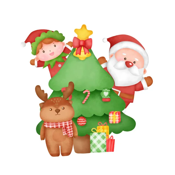 Tarjeta Navidad Acuarela Dibujada Mano Con Linda Santa Clause Amigos — Archivo Imágenes Vectoriales