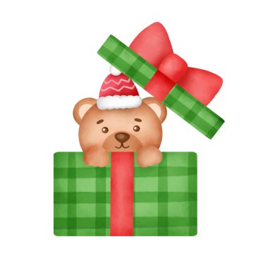 Tatlı bir ayıyla el çizimi suluboya Noel kartı..