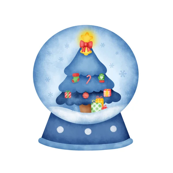 Υδατογραφία Χριστούγεννα Χιονόμπαλα Σφαίρα Ένα Χαριτωμένο Χριστουγεννιάτικο Δέντρο — Διανυσματικό Αρχείο