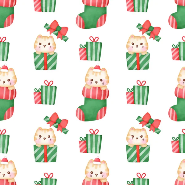 Hand Drawn Christmas Cats Seamless Patterns — Stock Photo, Image