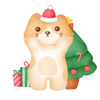 Tatlı kedili suluboya bir Noel tebrik kartı..