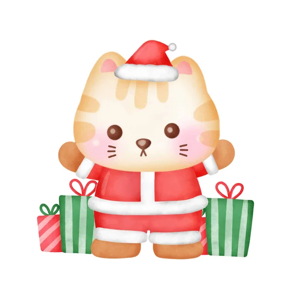 Tarjeta Felicitación Navidad Con Gato Lindo Estilo Acuarela — Vector de stock