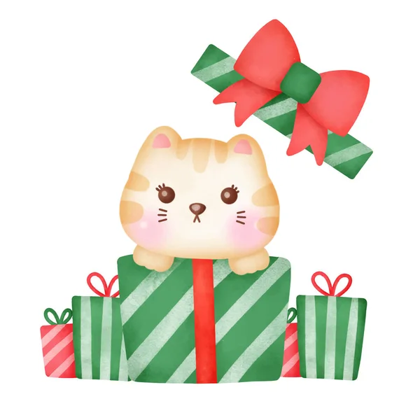 Kerstkaart Met Schattige Kat Aquarelstijl — Stockvector