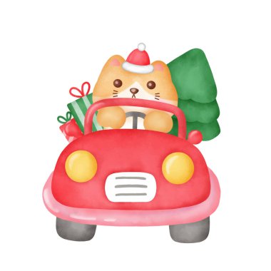 Tatlı kedili Noel kartı ve suluboya Noel ağacı..