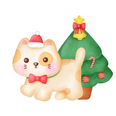 Tatlı kedilerin ve suluboya Noel ağacının olduğu Noel tebrik kartı..