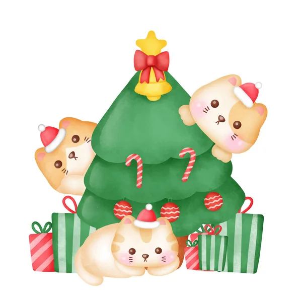 Weihnachtsgrußkarte Mit Niedlichen Katzen Und Weihnachtsbaum Aquarell Stil — Stockvektor
