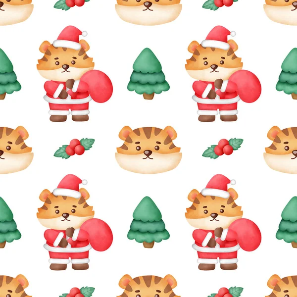 Watercolor happy christmas with cute tiger seamless pattern.