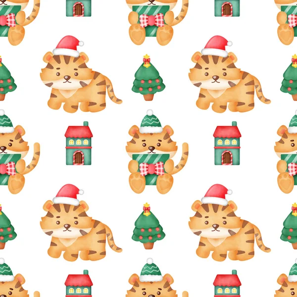 Aquarell Glückliche Weihnachten Mit Niedlichen Tiger Nahtlose Muster — Stockfoto