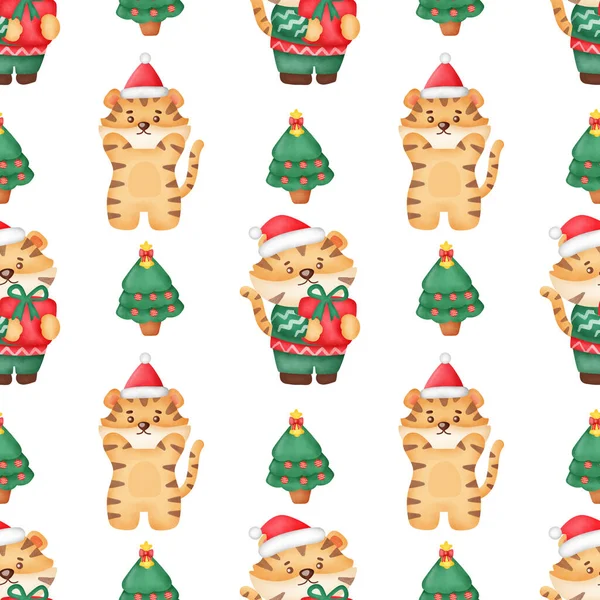 Acuarela Feliz Navidad Con Tigres Lindo Patrón Sin Costuras — Foto de Stock