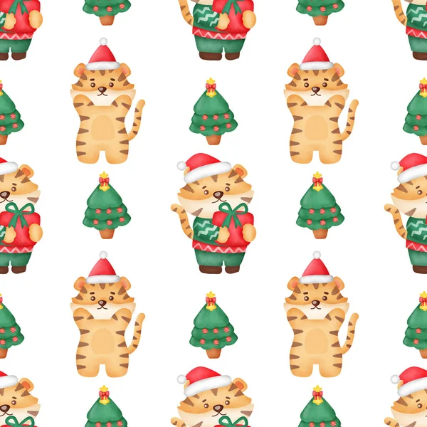 Watercolor happy christmas with cute tiger seamless pattern.