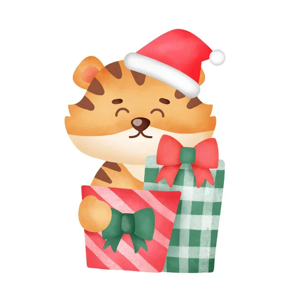 Weihnachtsgrußkarte Mit Niedlichen Tiger Und Geschenkschachteln Aquarell Stil — Stockvektor