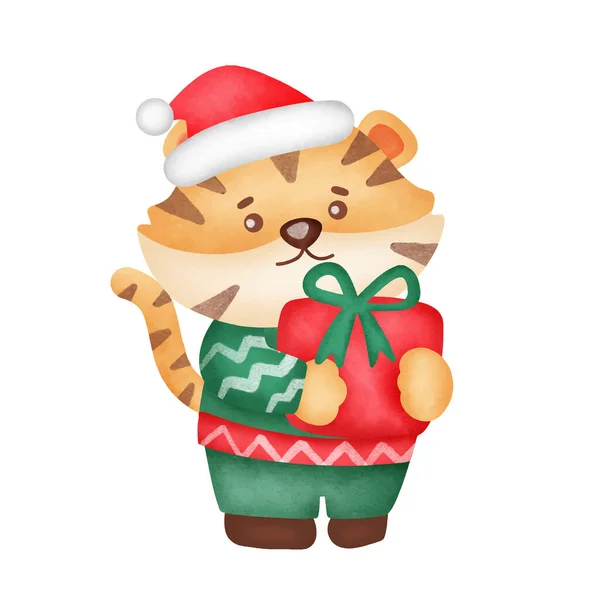 Tarjeta Felicitación Navidad Con Tigre Lindo Cajas Regalo Estilo Acuarela — Vector de stock