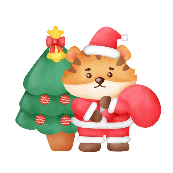 Tarjeta Felicitación Navidad Con Tigre Lindo Árbol Navidad Estilo Acuarela — Vector de stock