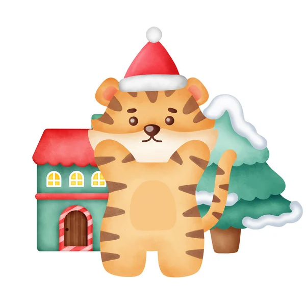 Tarjeta Felicitación Navidad Con Tigre Lindo Estilo Acuarela — Vector de stock