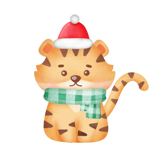 Kerstkaart Met Leuke Tijger Aquarelstijl — Stockvector