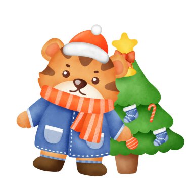 Yeni yıl tebrik kartı için suluboya tarzında yılbaşı unsurları olan şirin kaplan..