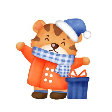 Yeni yıl tebrik kartı için suluboya tarzında yılbaşı unsurları olan şirin kaplan..