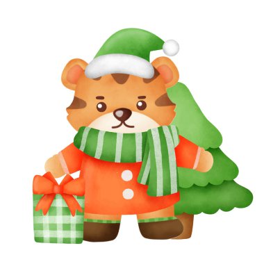 Noel ve Yeni Yıl tebrik kartı ve suluboya tarzı şirin kaplan. .