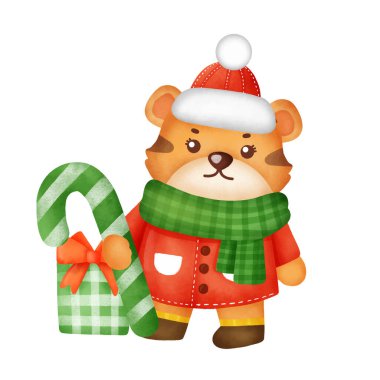 Noel ve Yeni Yıl tebrik kartı ve suluboya tarzı şirin kaplan. .