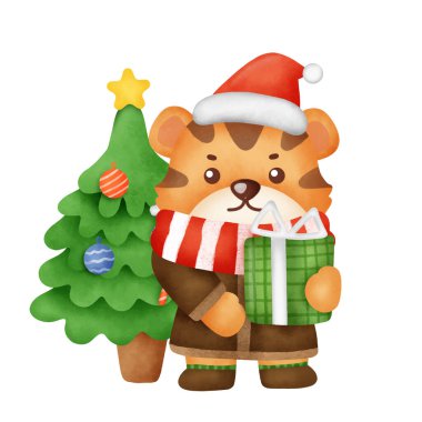 Noel ve Yeni Yıl tebrik kartı ve suluboya tarzı şirin kaplan. .