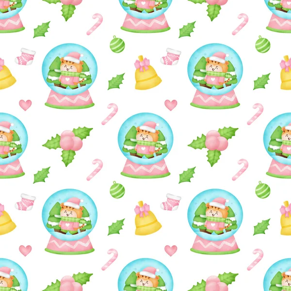 Merry Christmas Happy New Year Cute Tiger Seamless Pattern — Stock Photo, Image