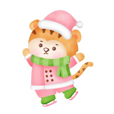 Noel ve Yeni Yıl tebrik kartı ve suluboya tarzı şirin kaplan. .