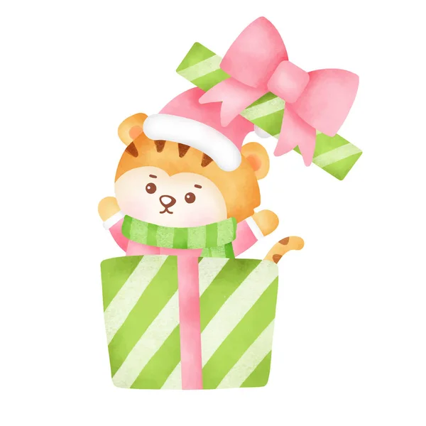 圣诞和新年贺卡 上面印有水彩画的可爱老虎 — 图库矢量图片