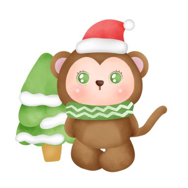 İçinde suluboya bir maymun olan bir Noel kartı..