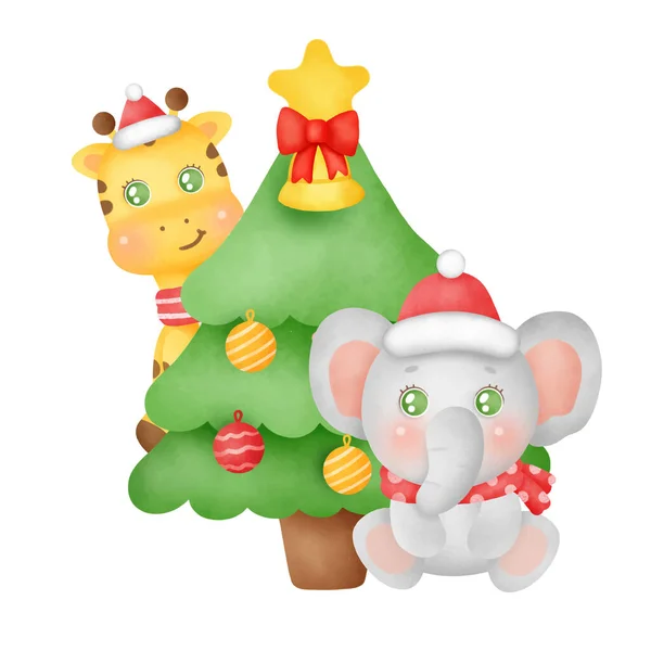 Tarjeta Felicitación Navidad Año Nuevo Con Lindo Elefante Jirafa Estilo — Archivo Imágenes Vectoriales