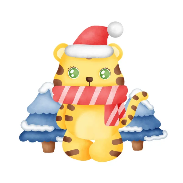 Weihnachtskarte Mit Einem Niedlichen Tiger Aquarell Stil — Stockvektor