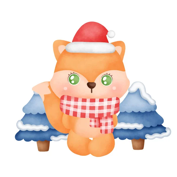 有一只水彩画的可爱狐狸的圣诞卡 — 图库矢量图片