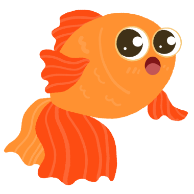 Kocaman gözleri ve şaşırmış bir ifadesi olan bir çizgi film balığı. Balık turuncu ve uzun bir kuyruğu var.