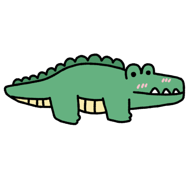 Yeşil bir timsah çizimi. Timsahın pembe bir burnu ve pembe bir ağzı var.