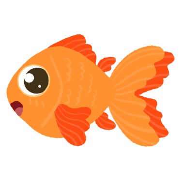 Büyük gözlü ve turuncu yüzgeçli çizgi film balığı. Kameraya bakıyor.