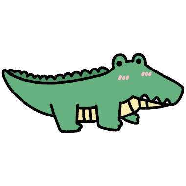 Pembe burunlu yeşil bir timsah çizimi. Timsahın pembe bir dili var.