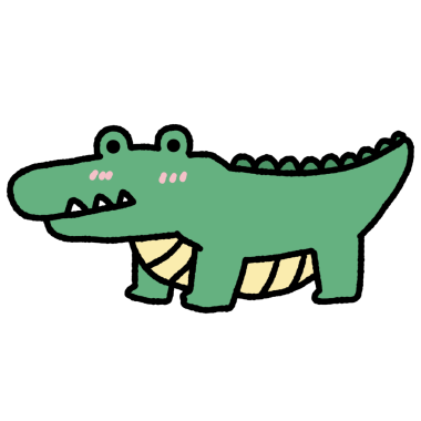 Pembe burunlu yeşil bir timsah çizimi. Timsahın ağzı açık.